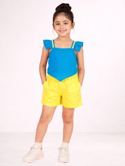 Lil Drama - Petal Play Girls Blue Cotton Top with Yellow Shorts Set