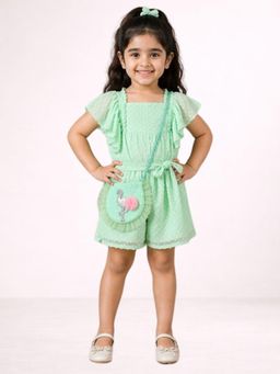 Lil Drama - Petal Play Girls Green Cotton Playsuit with Sling Bag with Belt