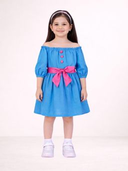 Lil Drama - Petal Play Girls Cotton Blue Dress with Belt
