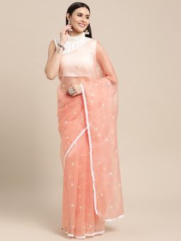 Vastranand - Peach Organza Party Wear Saree with Unstitched Blouse