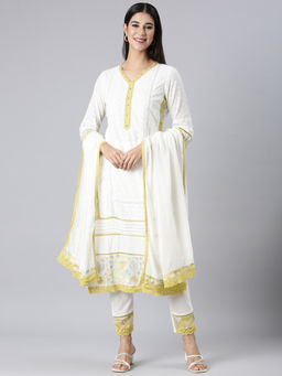 NEERU'S - White Straight Kurta with Pant and Dupatta (Set of 3)