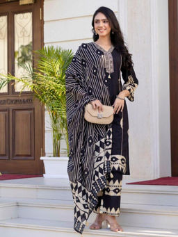 Chhabra 555 - Resham Embroidered Kurta with Pant and Striped Dupatta - Navy Blue (Set of 3)