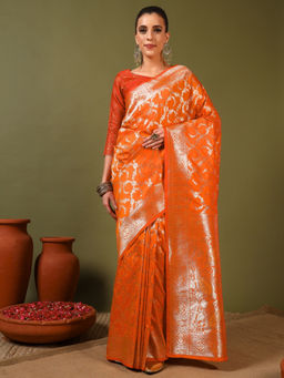 Chhabra 555 - Banarasi Intricate Floral Motifs Zari Handloom Saree with Unstitched Blouse - Orange
