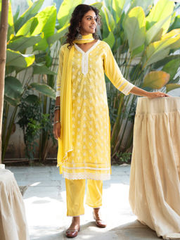 Chhabra 555 - Resham Thread Embroidered Kurta with Pant and Dupatta- Yellow (Set of 3)