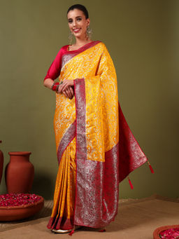 Chhabra 555 - Banarasi Crystal Embellished Handloom Silk Saree with Unstitched Blouse - Yellow