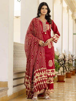 Chhabra 555 - Resham Embroidered Tasselled Kurta with Pant and Striped Dupatta - Red (Set of 3)