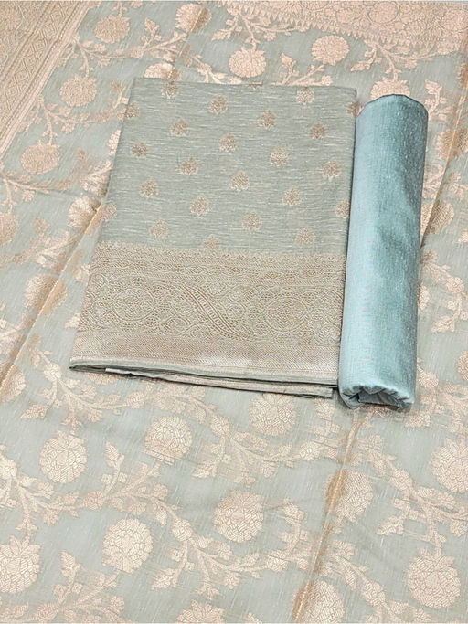 jute silk dress material Bhagalpuri Jute Silk Cotton Suit Set With Shaded Dupatta & Kameez-Gree