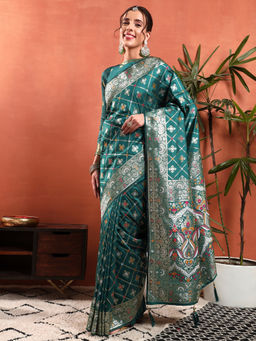 Chhabra 555 - Banarasi Handloom Charcoal Patola Silk Saree with Unstitched Blouse - Teal
