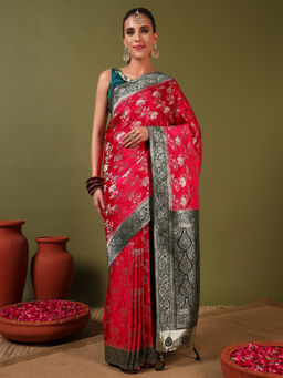 Chhabra 555 - Banarasi Intricate Floral Zari Handloom Satin Silk Saree with Unstitched Blouse - Red
