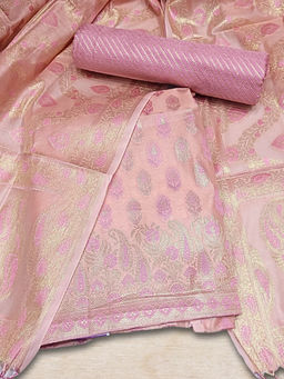 Chhabra 555 - Meenakari Woven Unstitched Dress Material- Pink (Set of 3)