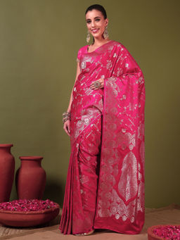 Chhabra 555 - Banarasi Handloom Satin Silk Motifs Saree with Unstitched Blouse - Pink