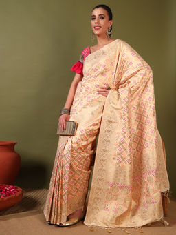 Chhabra 555 - Banarasi Handloom Charcoal Zari Meenakari Saree with Unstitched Blouse - Beige