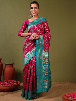 Chhabra 555 - Rich Ikat Pochampally Silk Meenakari Saree with Unstitched Blouse- Pink