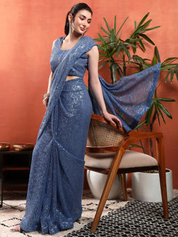 Chhabra 555 - Cocktail Bling Embellished Embroidery Saree with Unstitched Blouse- Navy Blue