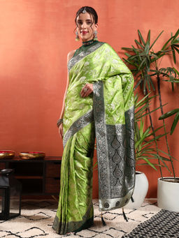 Chhabra 555 - Banarasi Intricate Floral Zari Handloom Satin Silk Saree with Unstitched Blouse - Green