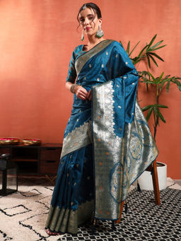 Chhabra 555 - Handloom Banarasi Handloom Meenakari Saree with Unstitched Blouse - Teal