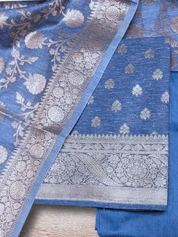 Chhabra 555 - Banarasi Handloom Jute Silk Weave Unstitched Dress Material - Blue (Set of 3)