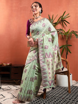 Chhabra 555 - Banarasi Chanderi Jute Cotton Silk Saree with Unstitched Blouse - Green
