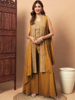Chhabra 555 - Zircon Festive Crop Top Palazzo with Aari Embroidered Jacket - Mustard (Set of 3)