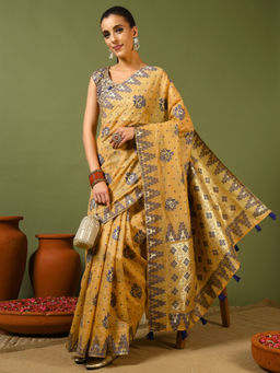 Chhabra 555 - Banarasi Chanderi Jute Cotton Silk Saree with Unstitched Blouse - Mustard