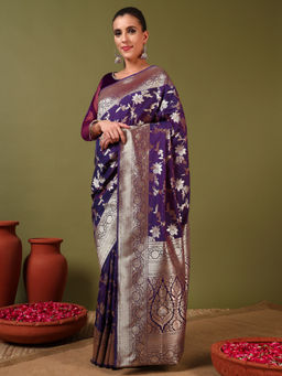 Chhabra 555 - Banarasi Handloom Intricate Gold Silver Zari Saree with Unstitched Blouse- Purple