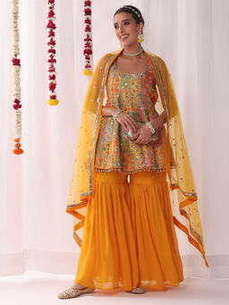 Chhabra 555 - Kalidar Kurti with Sharara Mirror Embroidery Dupatta - Mustard (Set of 3)