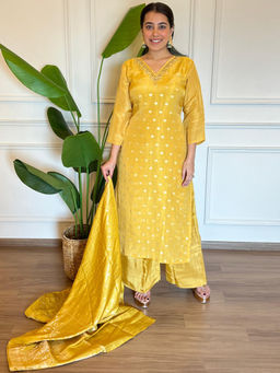 Chhabra 555 - Banarasi Zardozi Floral Kurta with Palazzo and Dupatta - Yellow (Set of 3)