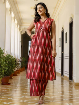 Chhabra 555 - Ikat Print and Mirror Embellished Bhagalpur Kurta with Palazzo - Red (Set of 2)