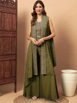 Chhabra 555 - Zircon Festive Crop Top Palazzo with Aari Embroidered Jacket - Green (Set of 3)