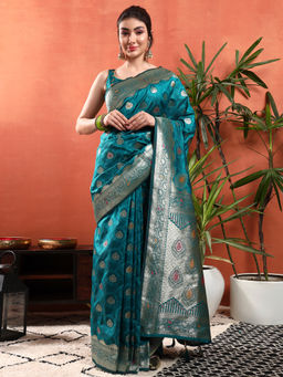 Chhabra 555 - Handloom Banarasi Brocade Silk Meenakari Paisley Saree with Unstitched Blouse- Teal