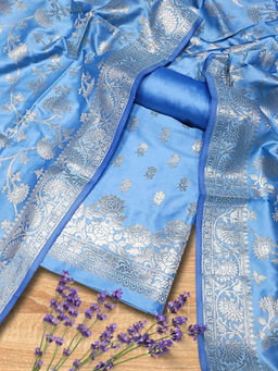 Chhabra 555 - Banarasi Satin Silk Zari Weave Unstitched Dress Material - Blue (Set of 3)