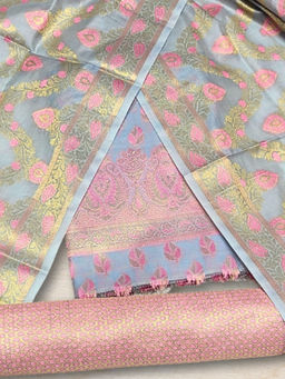 Chhabra 555 - Meenakari Handloom Leaf Pattern Tasselled Unstitched Dress Material- Blue (Set of 3)