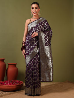 Chhabra 555 - Banarasi Intricate Floral Motifs Zari Handloom Saree with Unstitched Blouse - Purple