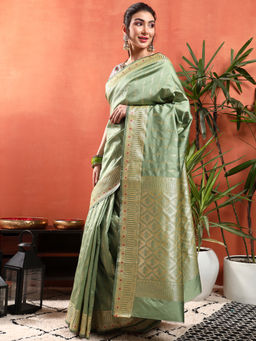Chhabra 555 - Banarasi Zari Woven Traditional Handloom Silk Saree with Unstitched Blouse - Green