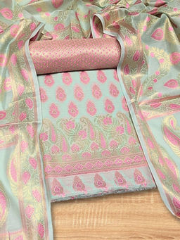 Chhabra 555 - Meenakari Woven Unstitched Dress Material- Blue (Set of 3)