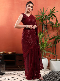 Chhabra 555 - Cocktail Bling Embellished Embroidery Saree with Unstitched Blouse- Maroon