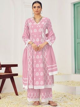 Chhabra 555 - Thread Chikankari Angrakha Kurta with Palazzo and Dupatta- Mauve (Set of 3)