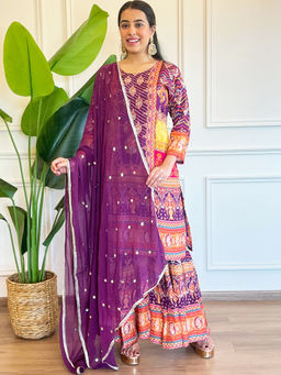 Chhabra 555 - Digital Printed Embellished Kurta with Sharara and Dupatta - Purple (Set of 3)