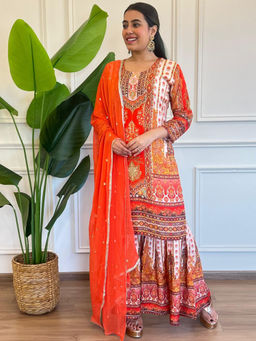 Chhabra 555 - Digital Printed Embellished Kurta with Sharara and Dupatta - Red (Set of 3)