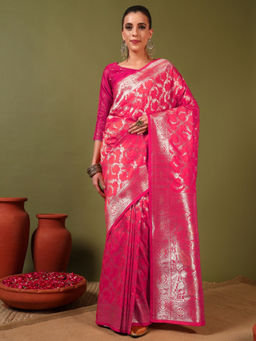 Chhabra 555 - Banarasi Intricate Floral Motifs Zari Handloom Saree with Unstitched Blouse - Magenta