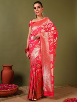 Chhabra 555 - Contemporary Banarasi Handloom Saree with Unstitched Blouse- Coral