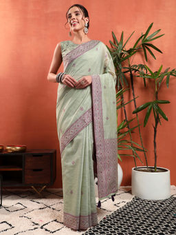 Chhabra 555 - Pastel Banarasi Chanderi Jute Cotton Saree with Unstitched Blouse - Green