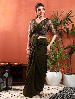 Chhabra 555 - Sequin Embroidery Pre-Stitched Belted Draped Saree with Stitched Blouse - Green