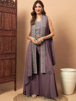 Chhabra 555 - Zircon Festive Crop Top Palazzo with Aari Embroidered Jacket - Purple (Set of 3)