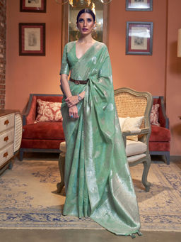 Odette - Festive Green Linen Blend Woven Saree with Unstitched Blouse