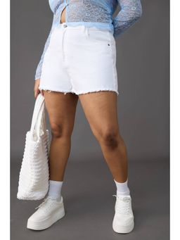 FREAKINS - Curve Frayed Hem White Denim Hot Shorts