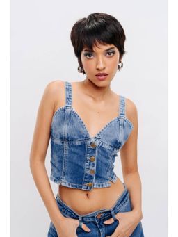 FREAKINS - Front Button Denim Indigo Crop Top
