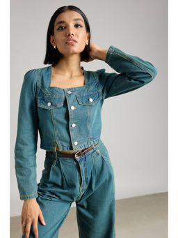 FREAKINS - Square Neck Denim Jacket with Slits