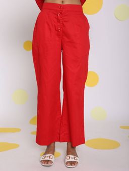 Kaori By Shreya - Red Relaxed Wide Leg 100% Cotton Pants