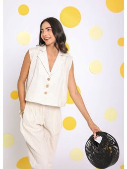 Kaori By Shreya - Off White Relaxed Waist Coat Linen Shirt